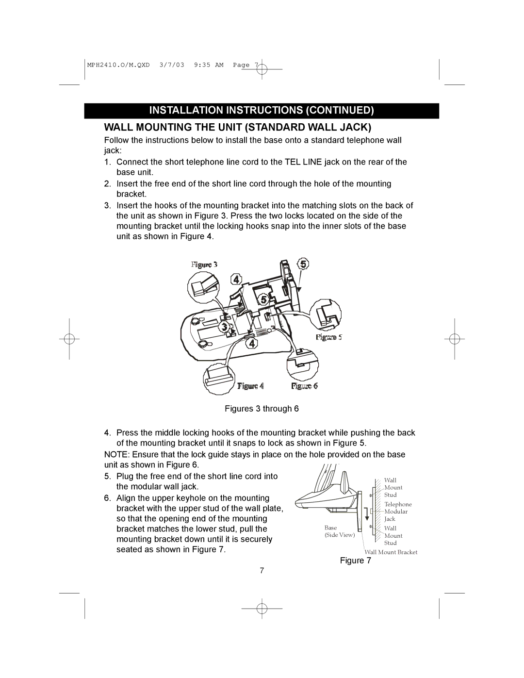 Memorex MPH2410 operating instructions Wall Mounting the Unit Standard Wall Jack 