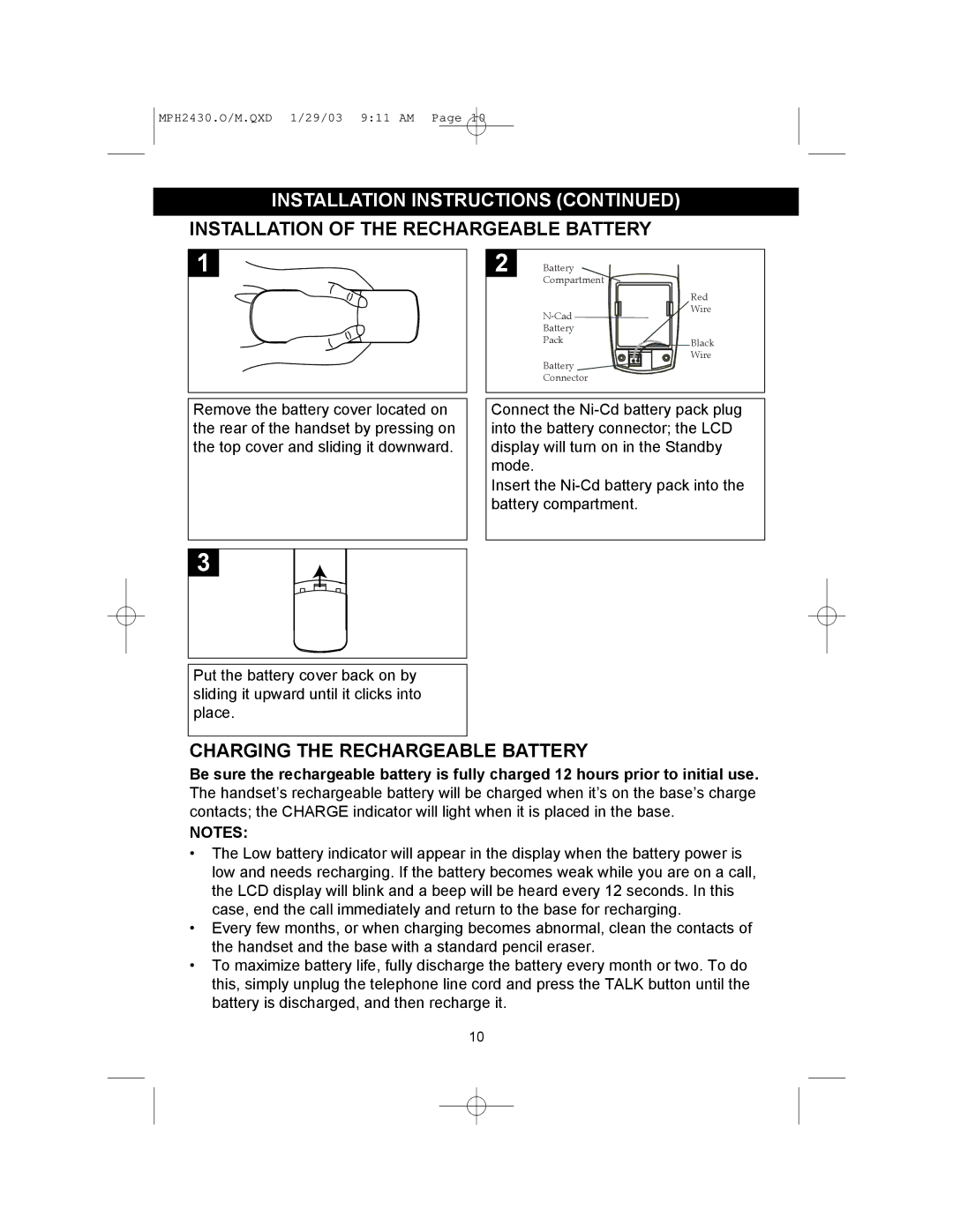 Memorex MPH2430 operating instructions Installation of the Rechargeable Battery, Charging the Rechargeable Battery 