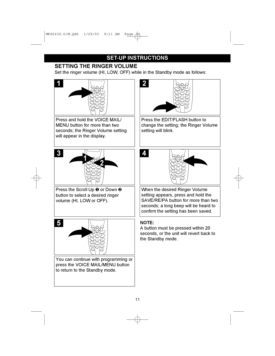 Memorex MPH2430 operating instructions SET-UP Instructions, Setting the Ringer Volume 