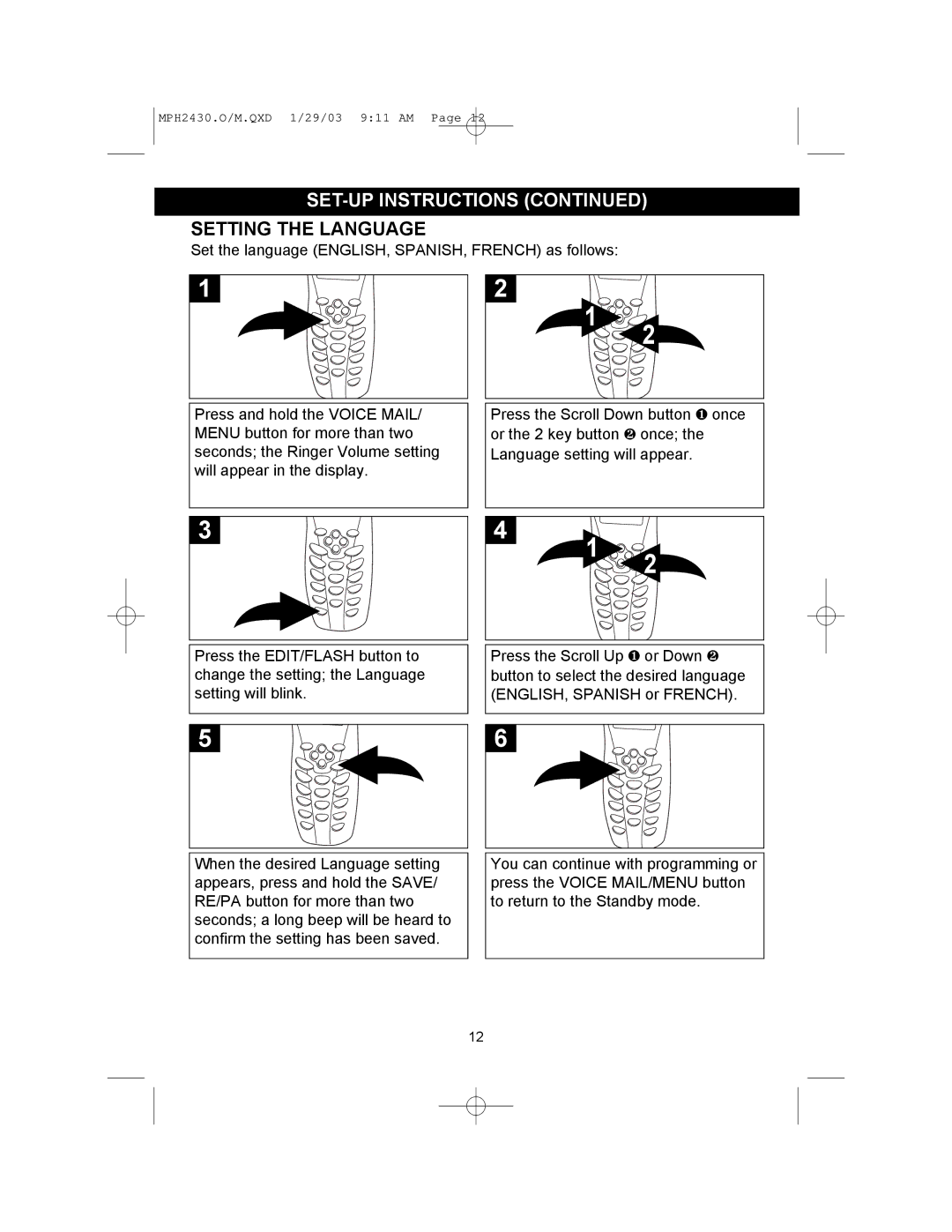 Memorex MPH2430 operating instructions Setting the Language 