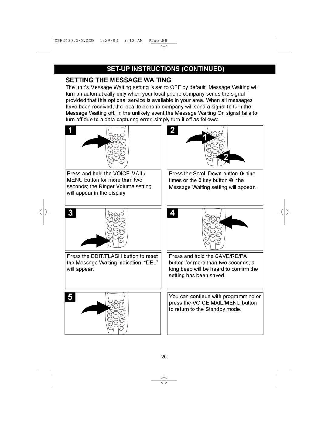 Memorex MPH2430 operating instructions Setting the Message Waiting 