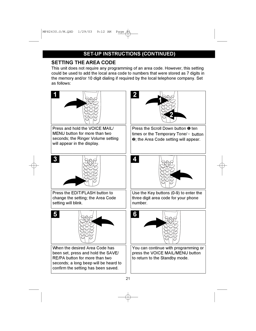 Memorex MPH2430 operating instructions Setting the Area Code 