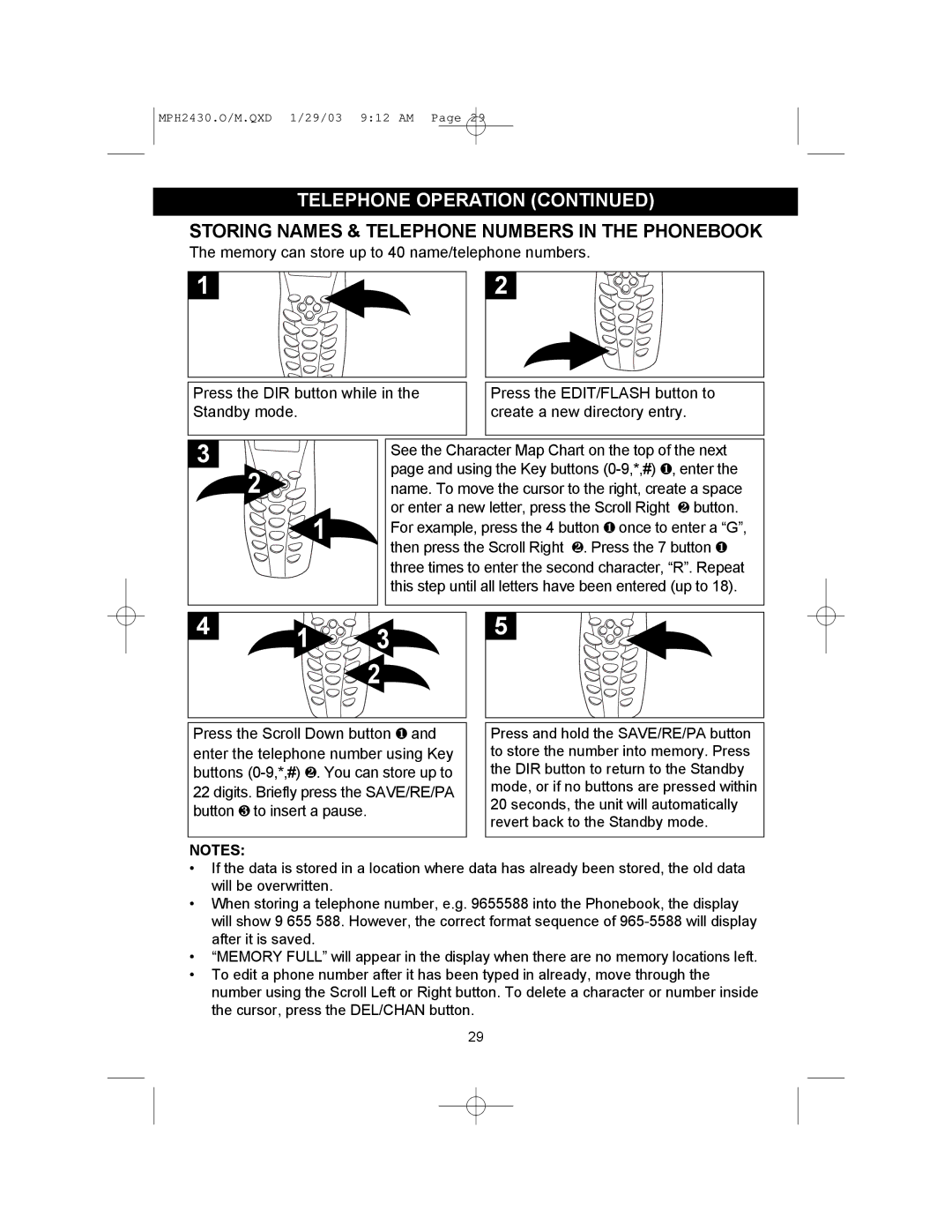 Memorex MPH2430 operating instructions Storing Names & Telephone Numbers in the Phonebook 