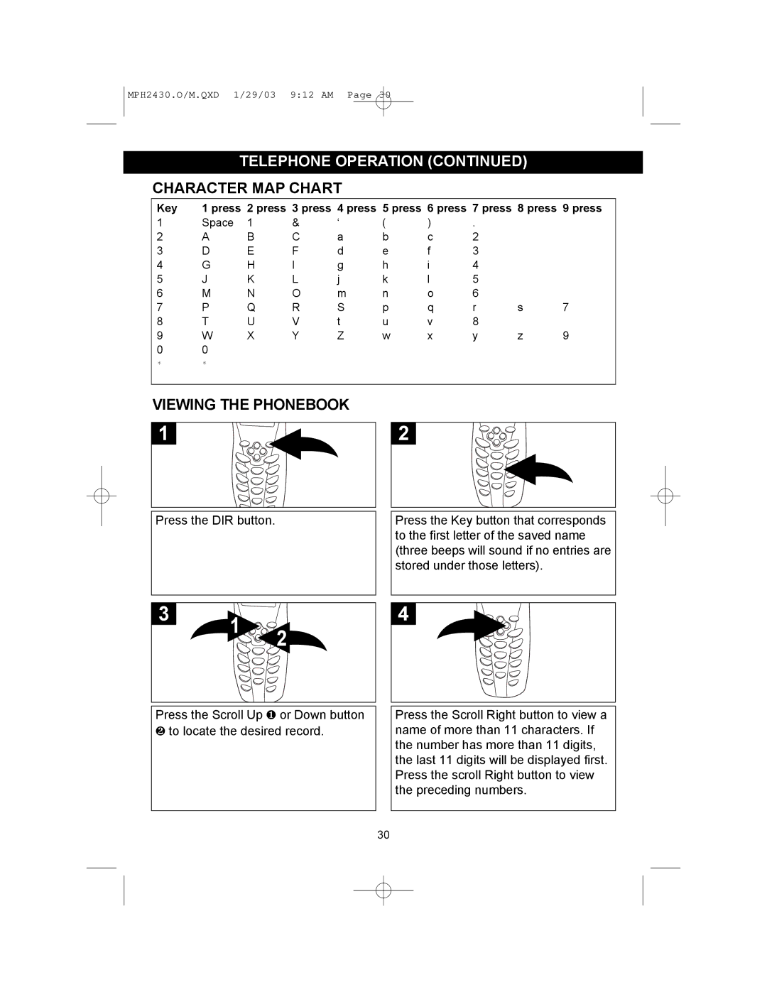 Memorex MPH2430 operating instructions Character MAP Chart, Viewing the Phonebook 