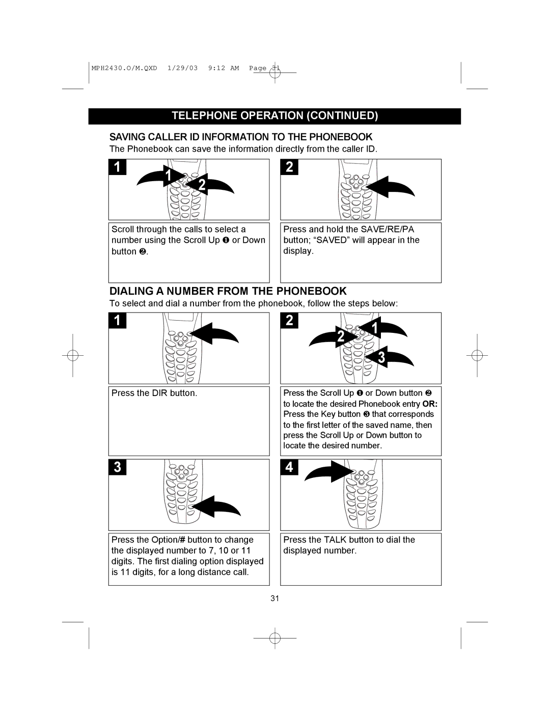 Memorex MPH2430 operating instructions Dialing a Number from the Phonebook, Saving Caller ID Information to the Phonebook 