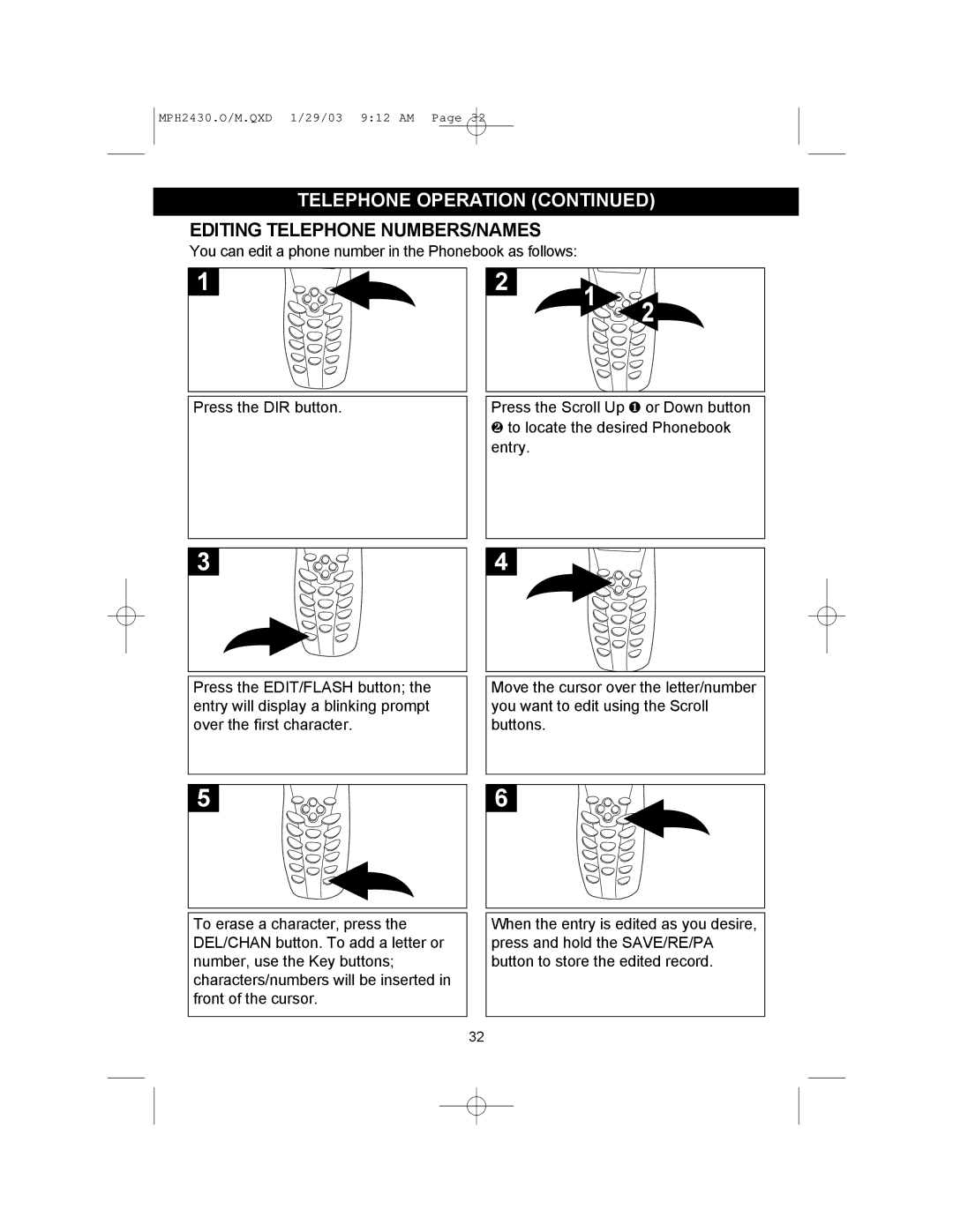 Memorex MPH2430 operating instructions Editing Telephone NUMBERS/NAMES 