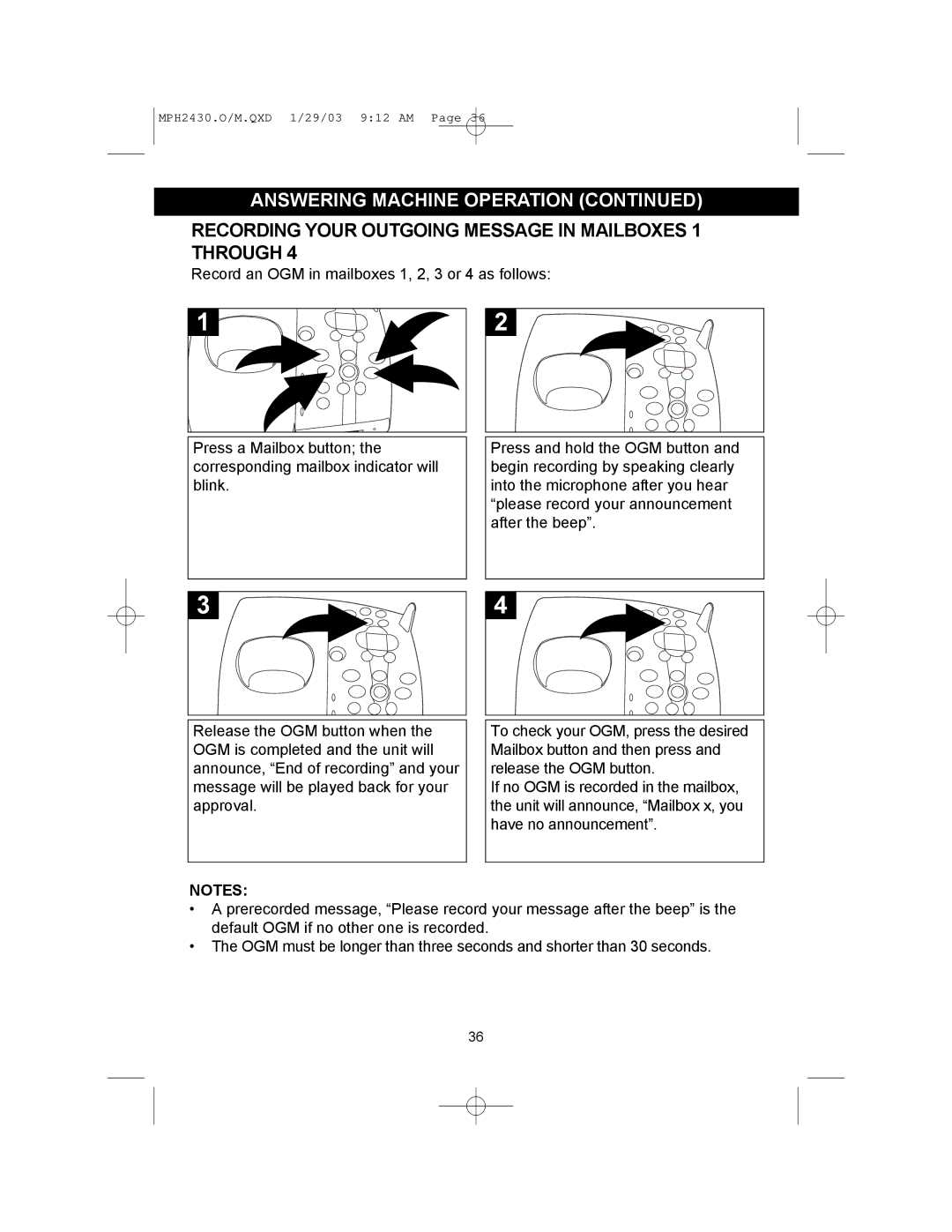 Memorex MPH2430 operating instructions Recording Your Outgoing Message in Mailboxes 1 Through 