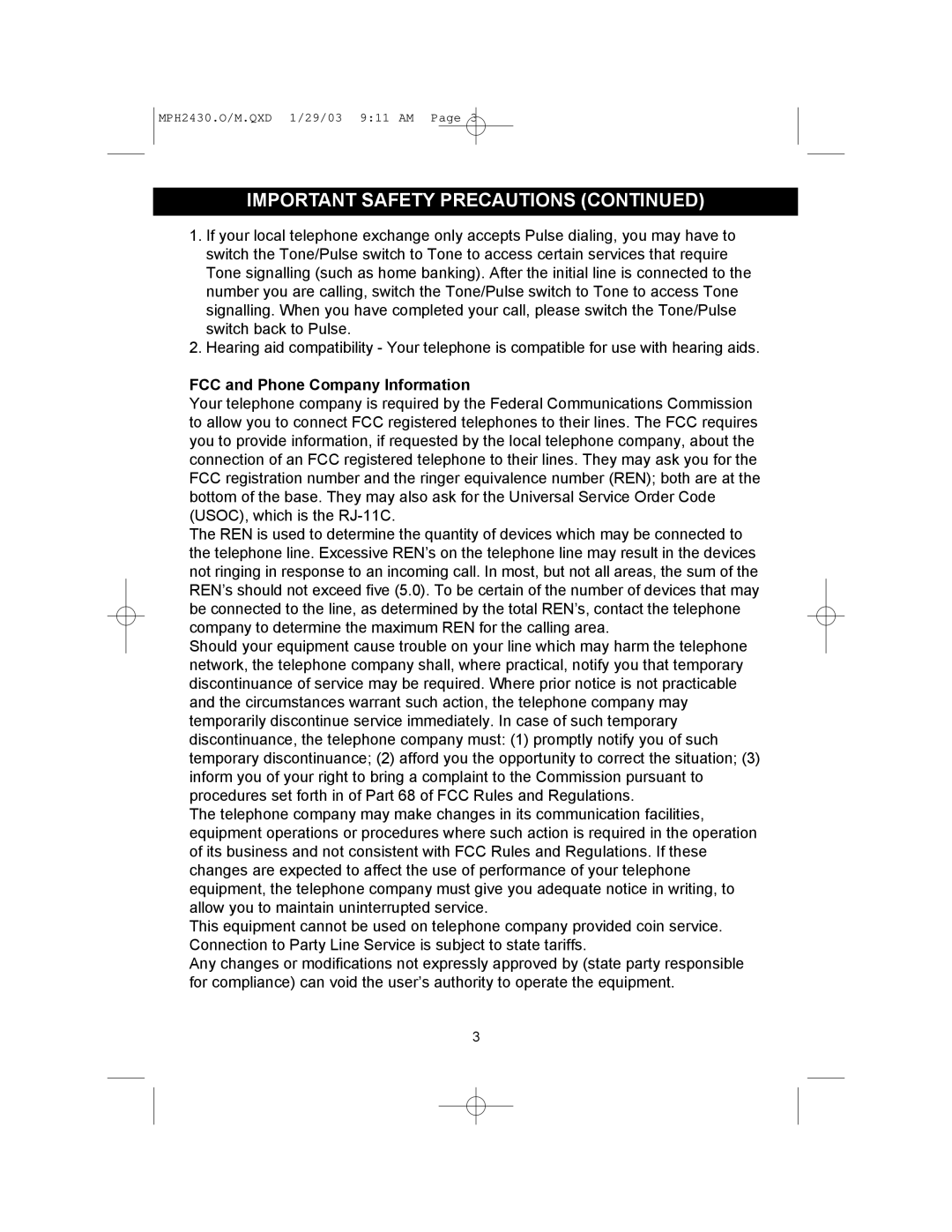 Memorex MPH2430 operating instructions FCC and Phone Company Information 