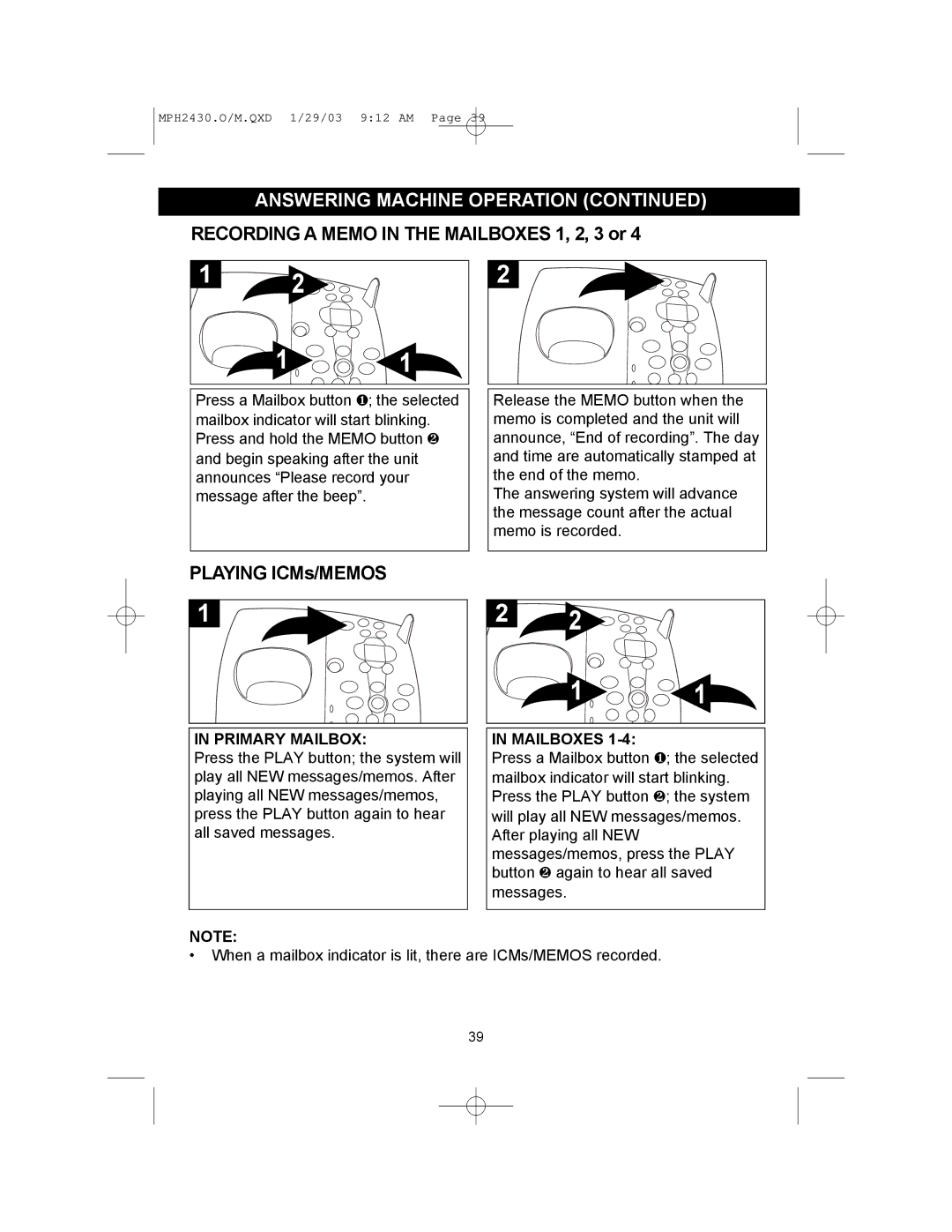 Memorex MPH2430 operating instructions Primary Mailbox, Mailboxes 