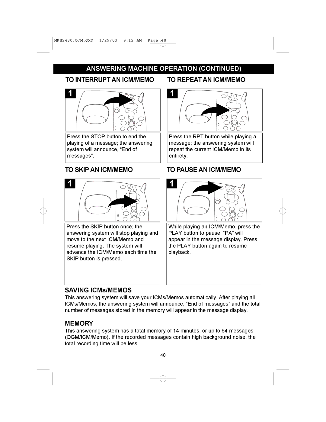 Memorex MPH2430 To Interrupt AN ICM/MEMO to Repeat AN ICM/MEMO, To Skip AN ICM/MEMO To Pause AN ICM/MEMO, Memory 
