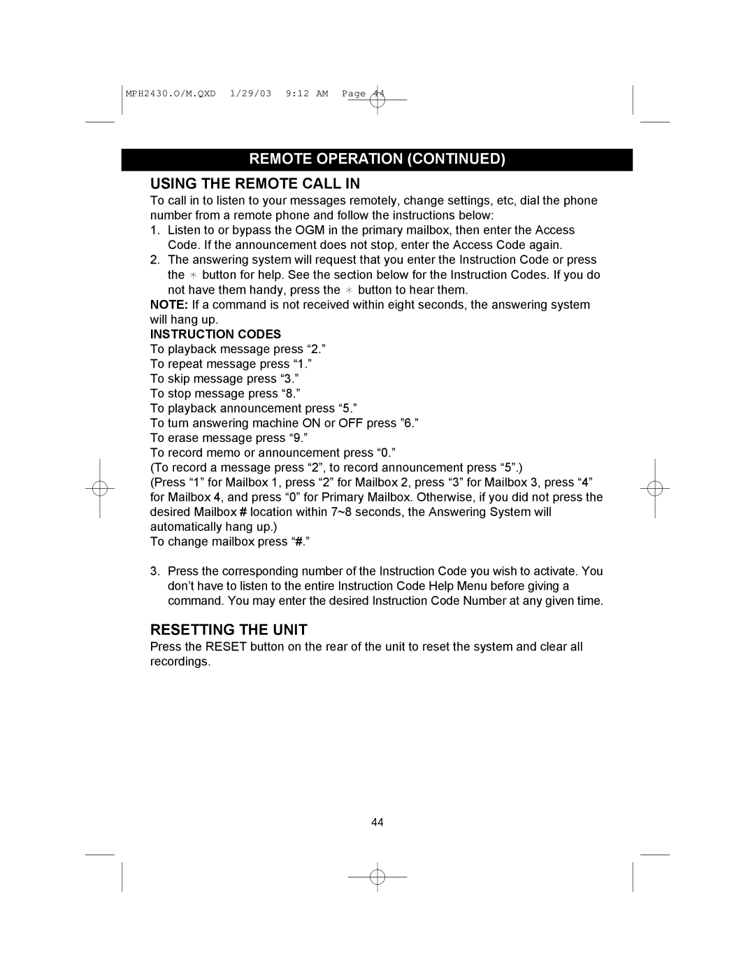 Memorex MPH2430 operating instructions Using the Remote Call, Resetting the Unit, Instruction Codes 