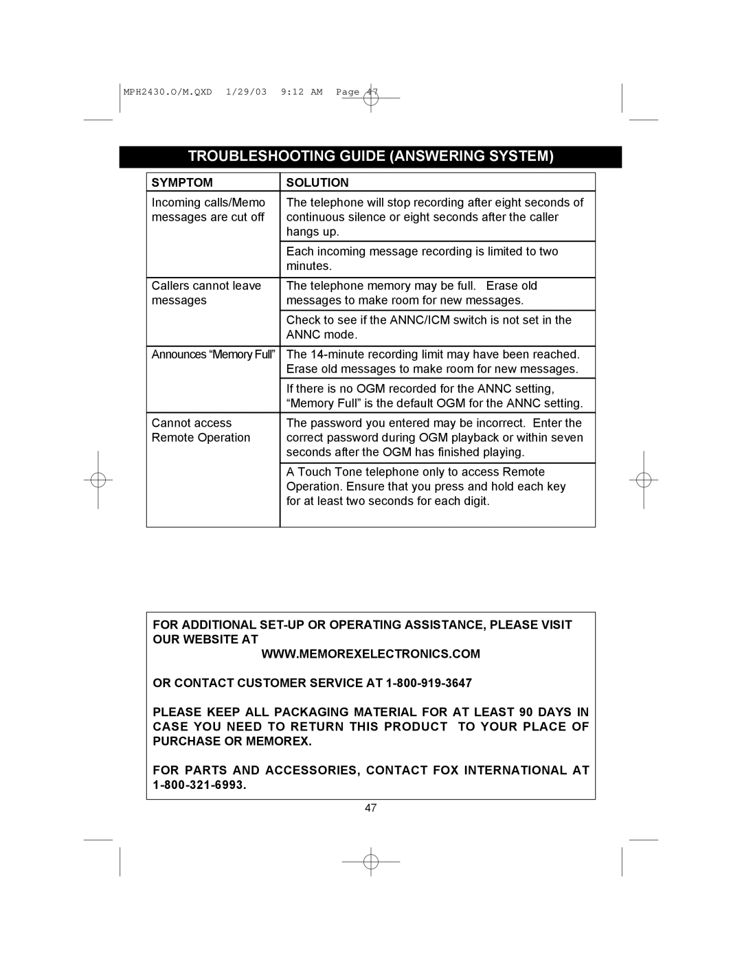 Memorex MPH2430 operating instructions Troubleshooting Guide Answering System 