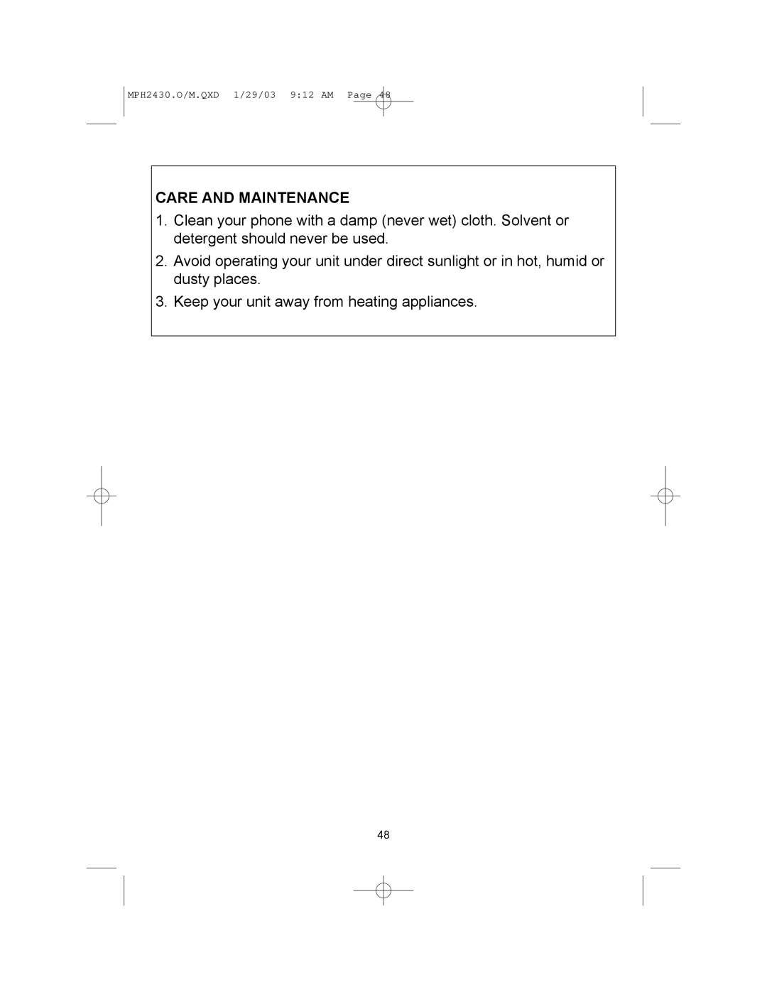 Memorex MPH2430 operating instructions Care and Maintenance 