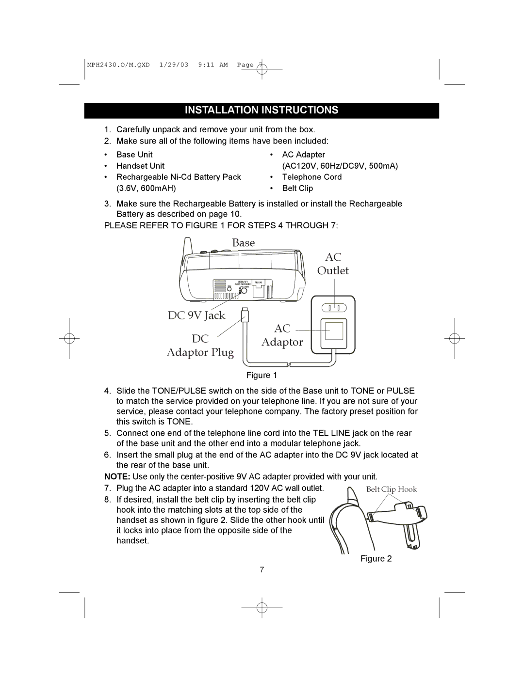 Memorex MPH2430 operating instructions DC 9V Jack, Installation Instructions 