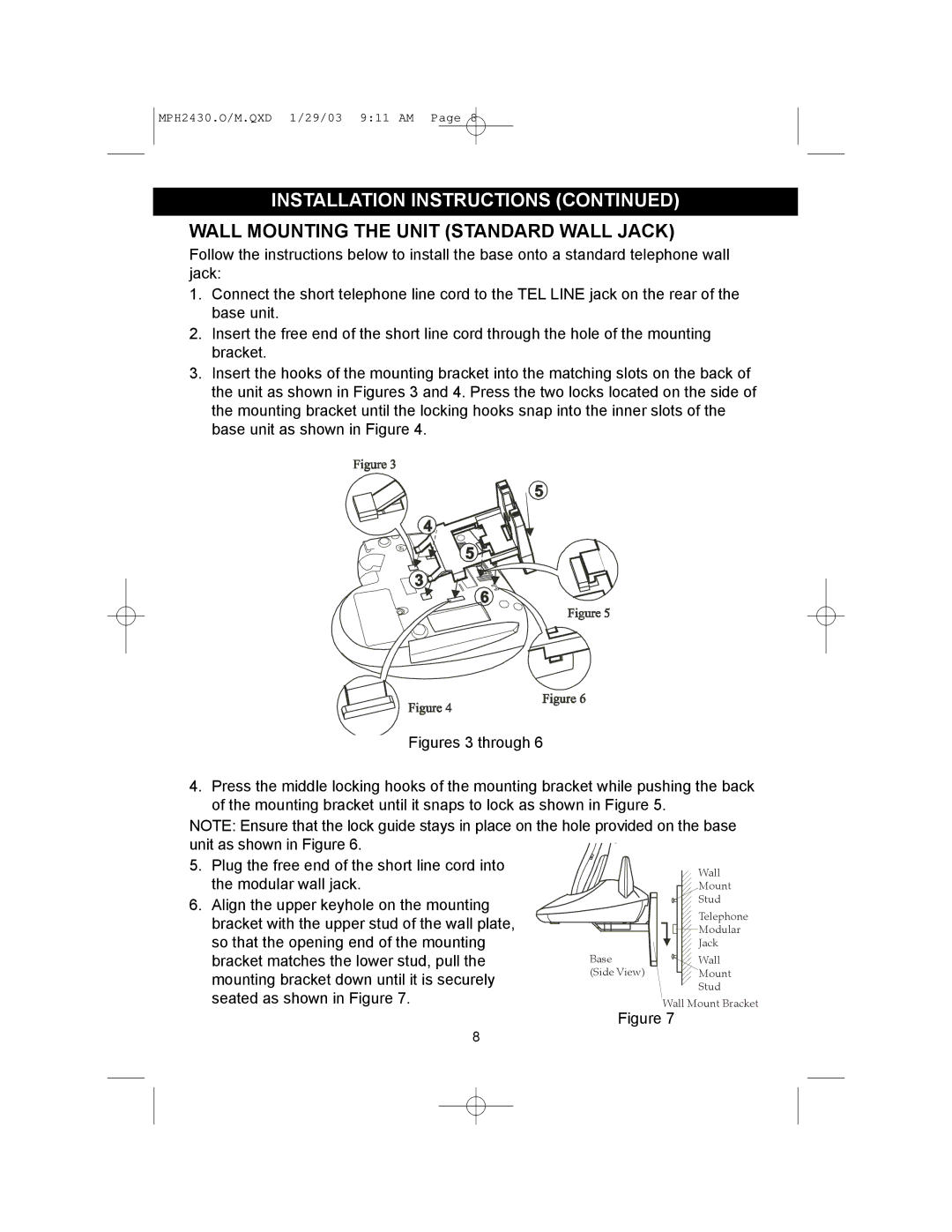 Memorex MPH2430 operating instructions Wall Mounting the Unit Standard Wall Jack 