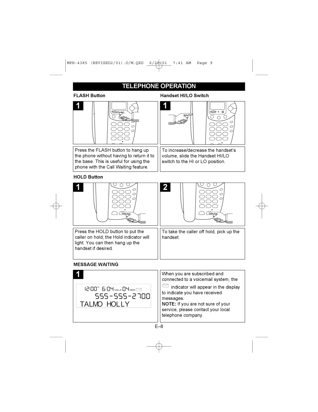 Memorex MPH4385 manual Flash Button Handset HI/LO Switch, Hold Button 