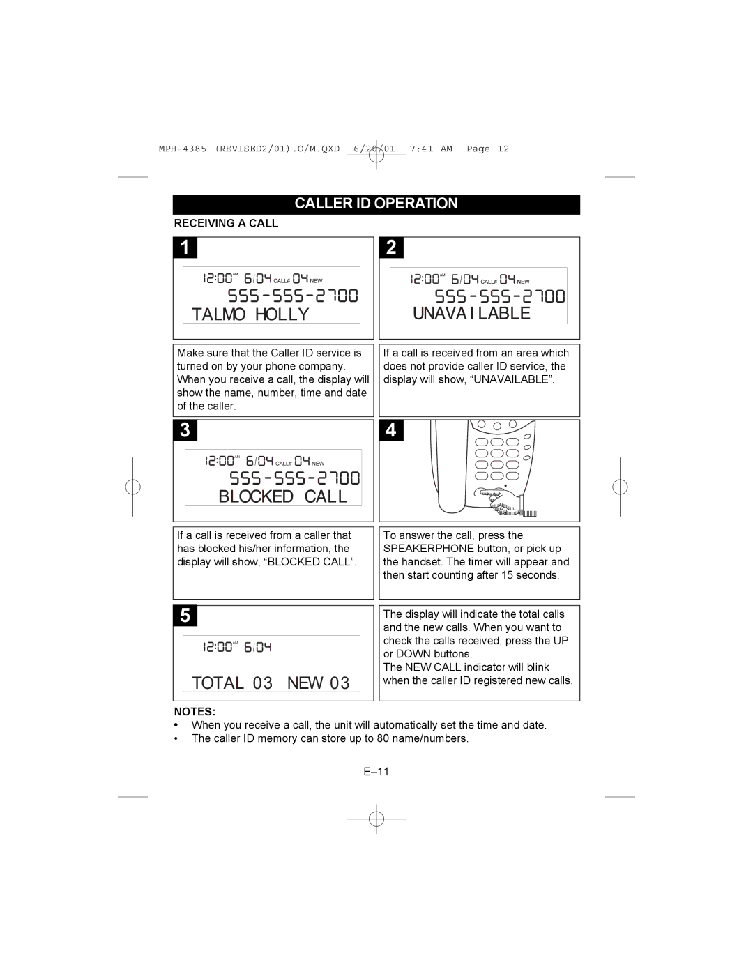 Memorex MPH4385 manual Unavam, Caller ID Operation 