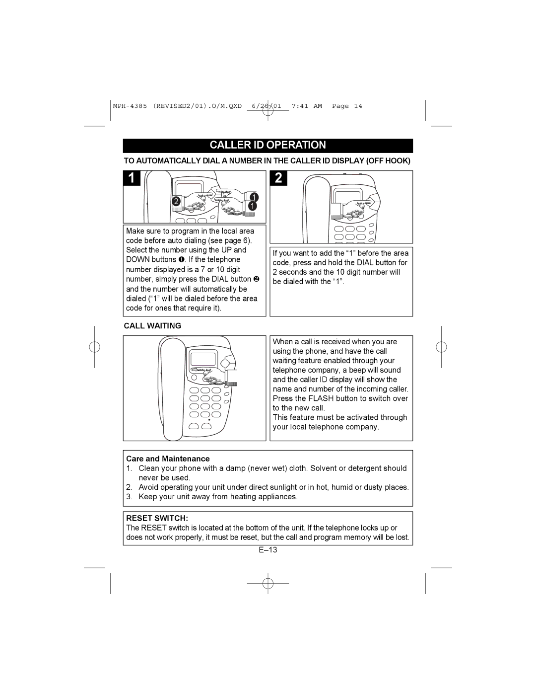 Memorex MPH4385 manual Call Waiting, Care and Maintenance 