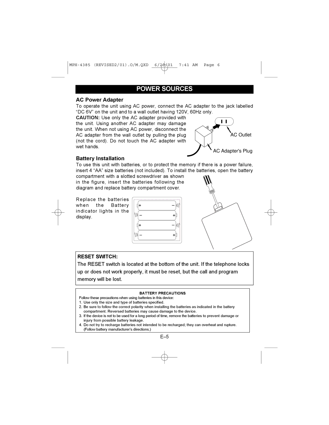 Memorex MPH4385 manual Reset Switch 