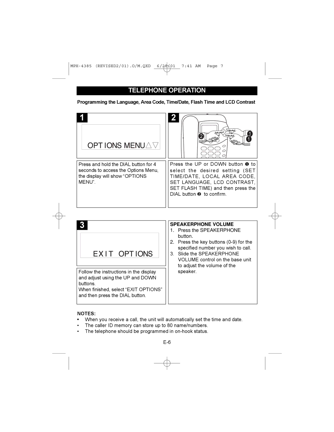 Memorex MPH4385 manual Optionsmenu, Telephone Operation 