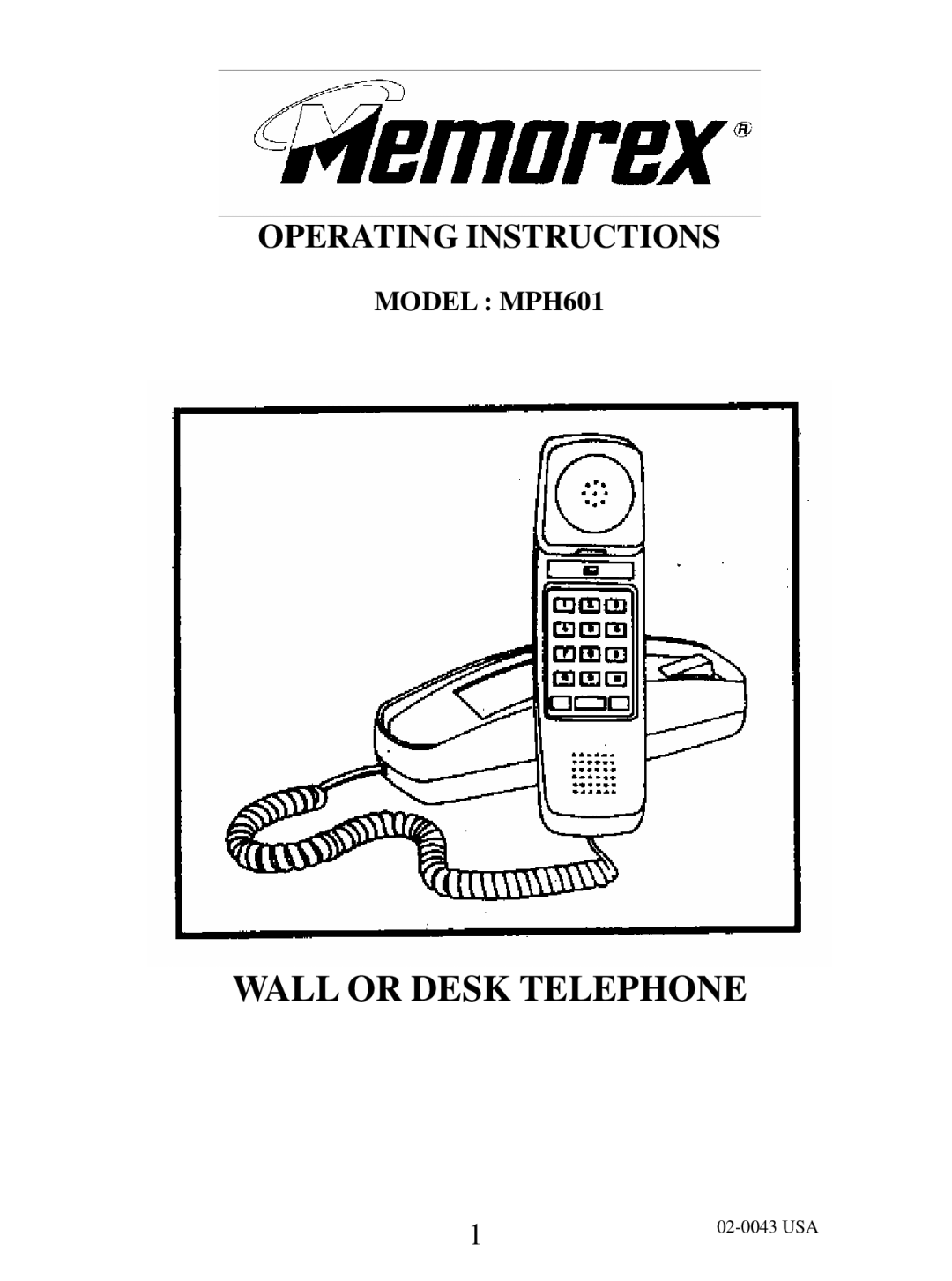 Memorex operating instructions Wall or Desk Telephone, Model MPH601 