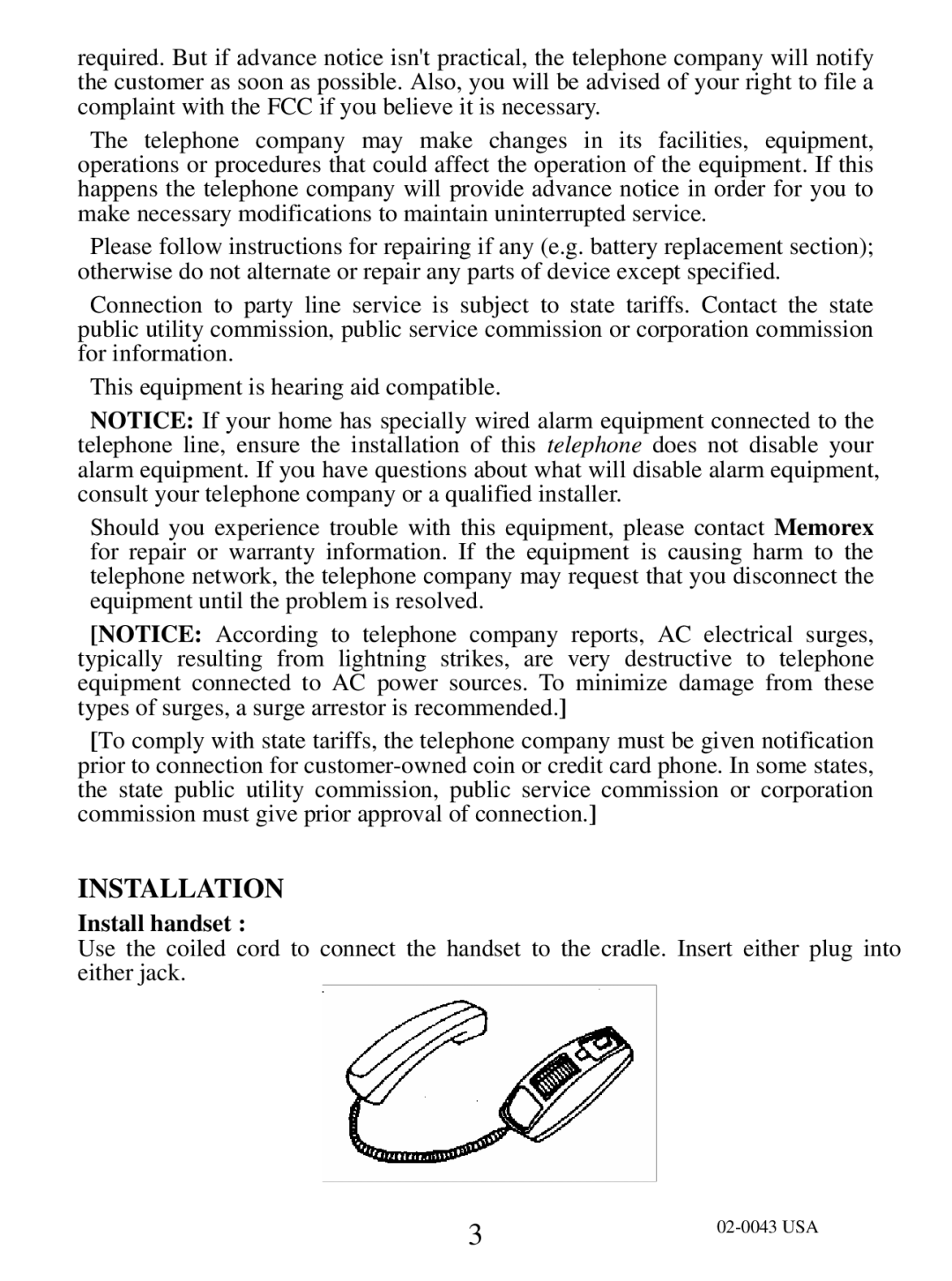 Memorex MPH601 operating instructions Installation, Install handset 