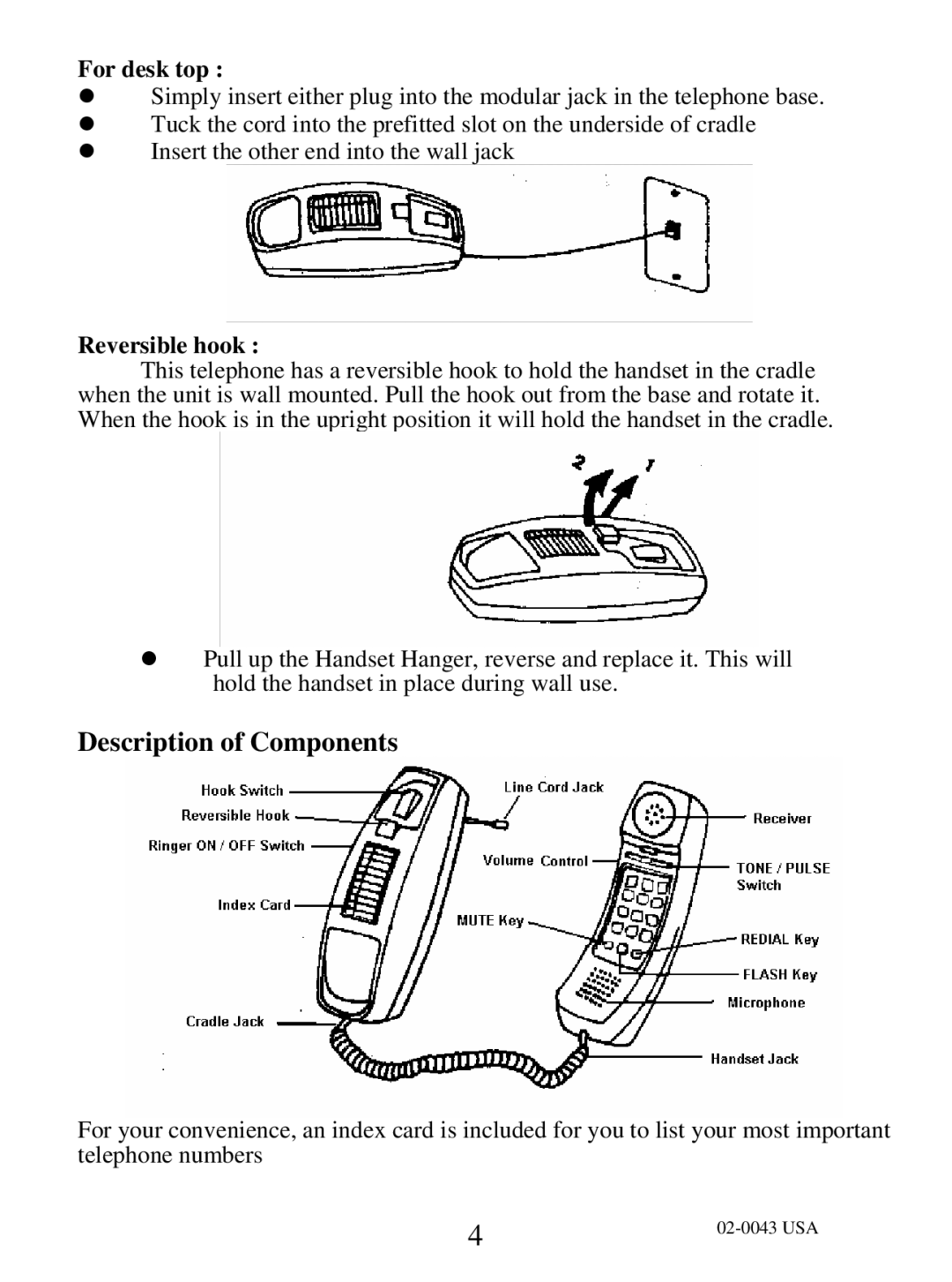 Memorex MPH601 operating instructions Description of Components, For desk top, Reversible hook 