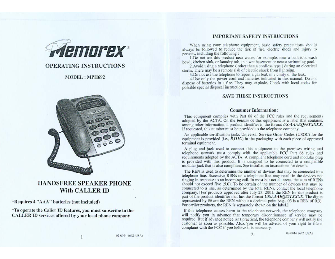 Memorex MPH692 manual 