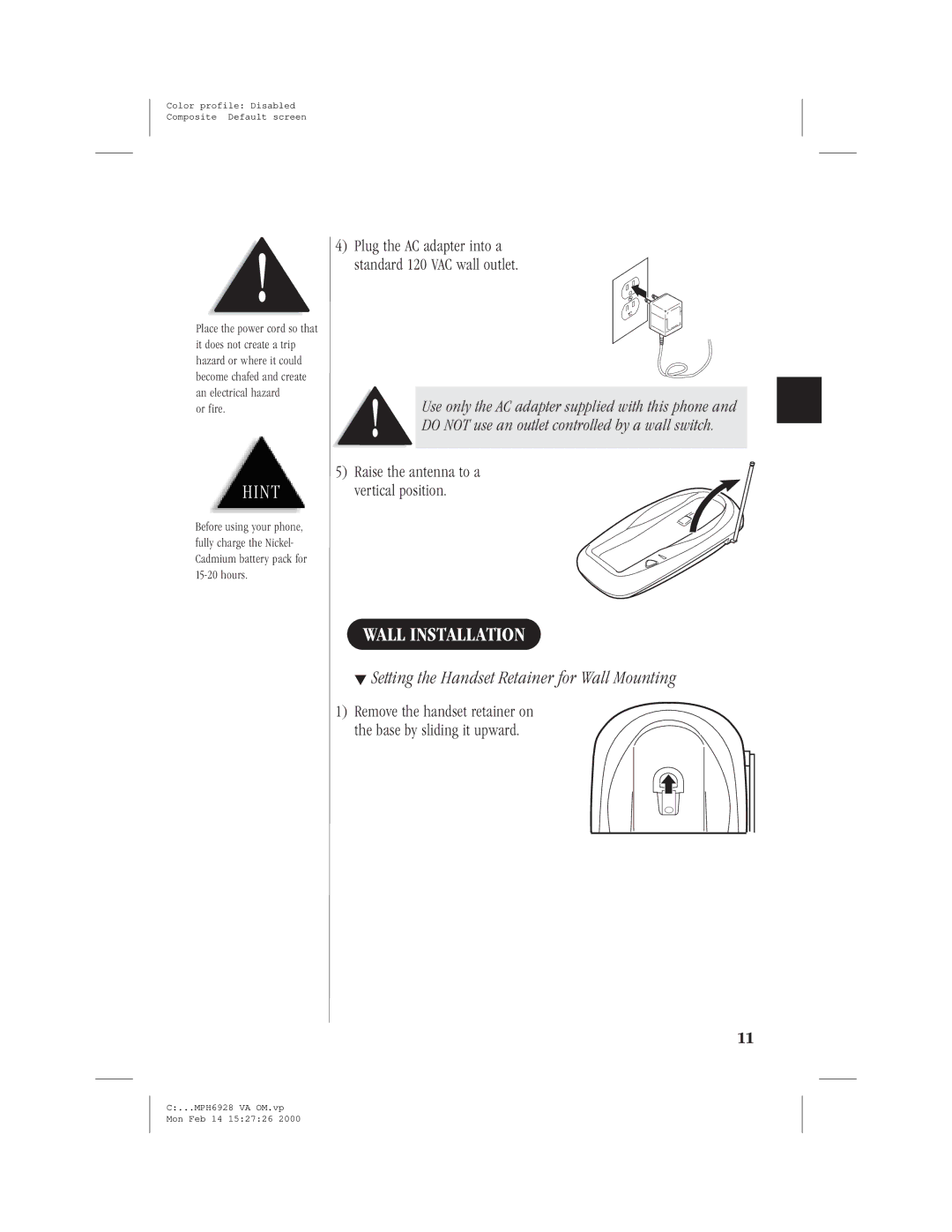 Memorex MPH6928 manual Wall Installation, Setting the Handset Retainer for Wall Mounting 