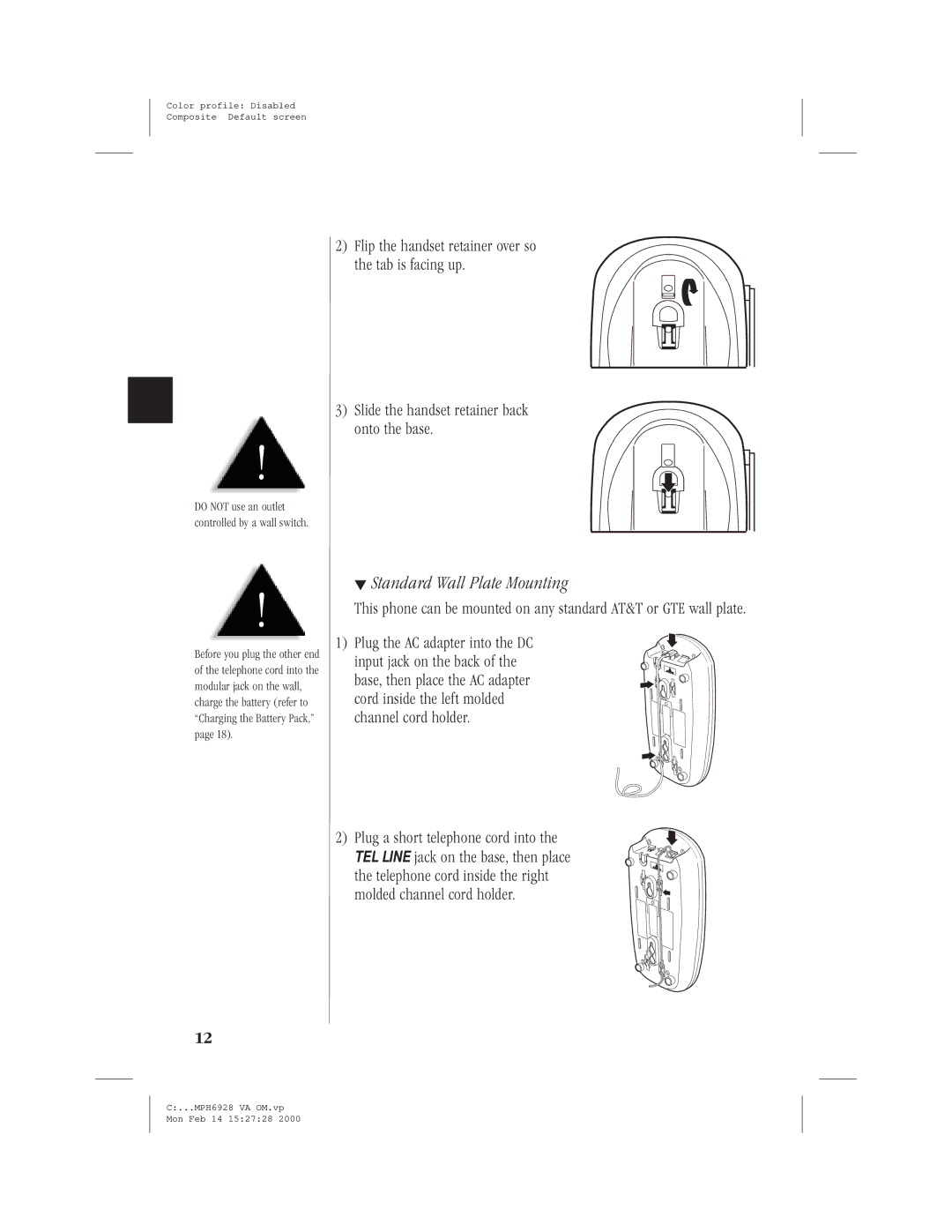 Memorex MPH6928 manual Standard Wall Plate Mounting 