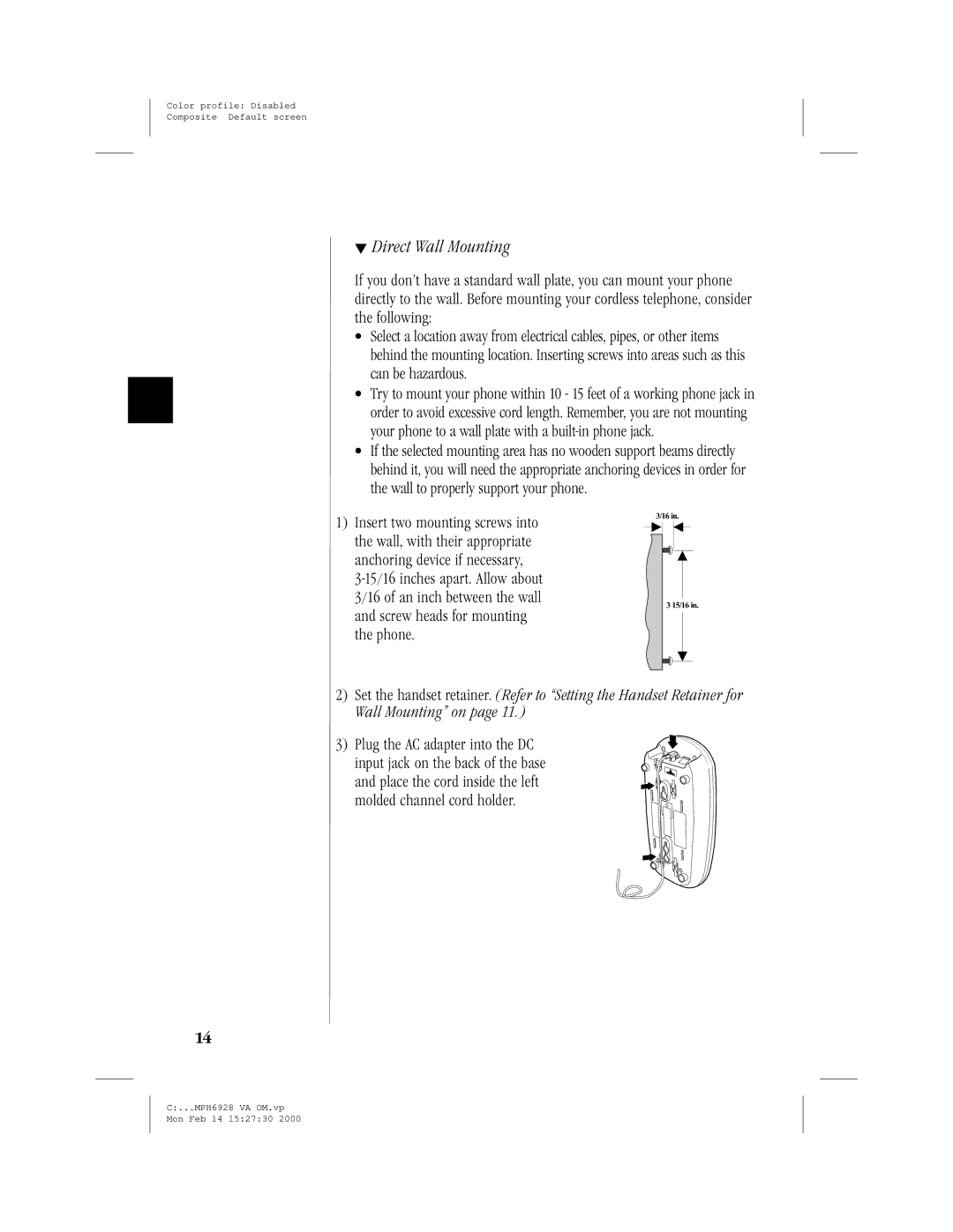 Memorex MPH6928 manual Direct Wall Mounting 