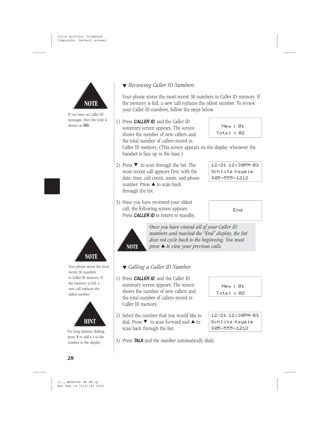 Memorex MPH6928 manual Reviewing Caller ID Numbers, Calling a Caller ID Number 