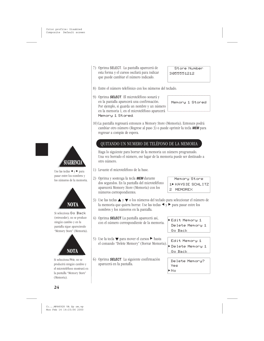 Memorex MPH6928 manual Quitando UN Numero DE Teléfono DE LA Memoria 