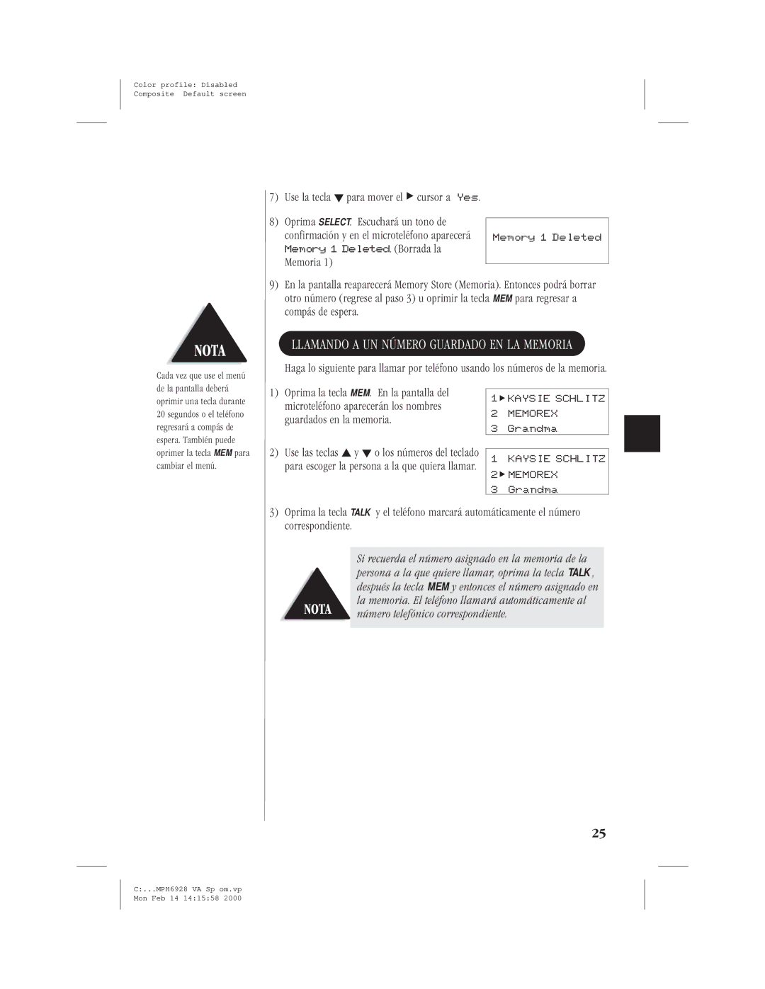 Memorex MPH6928 manual Llamando a UN Número Guardado EN LA Memoria 