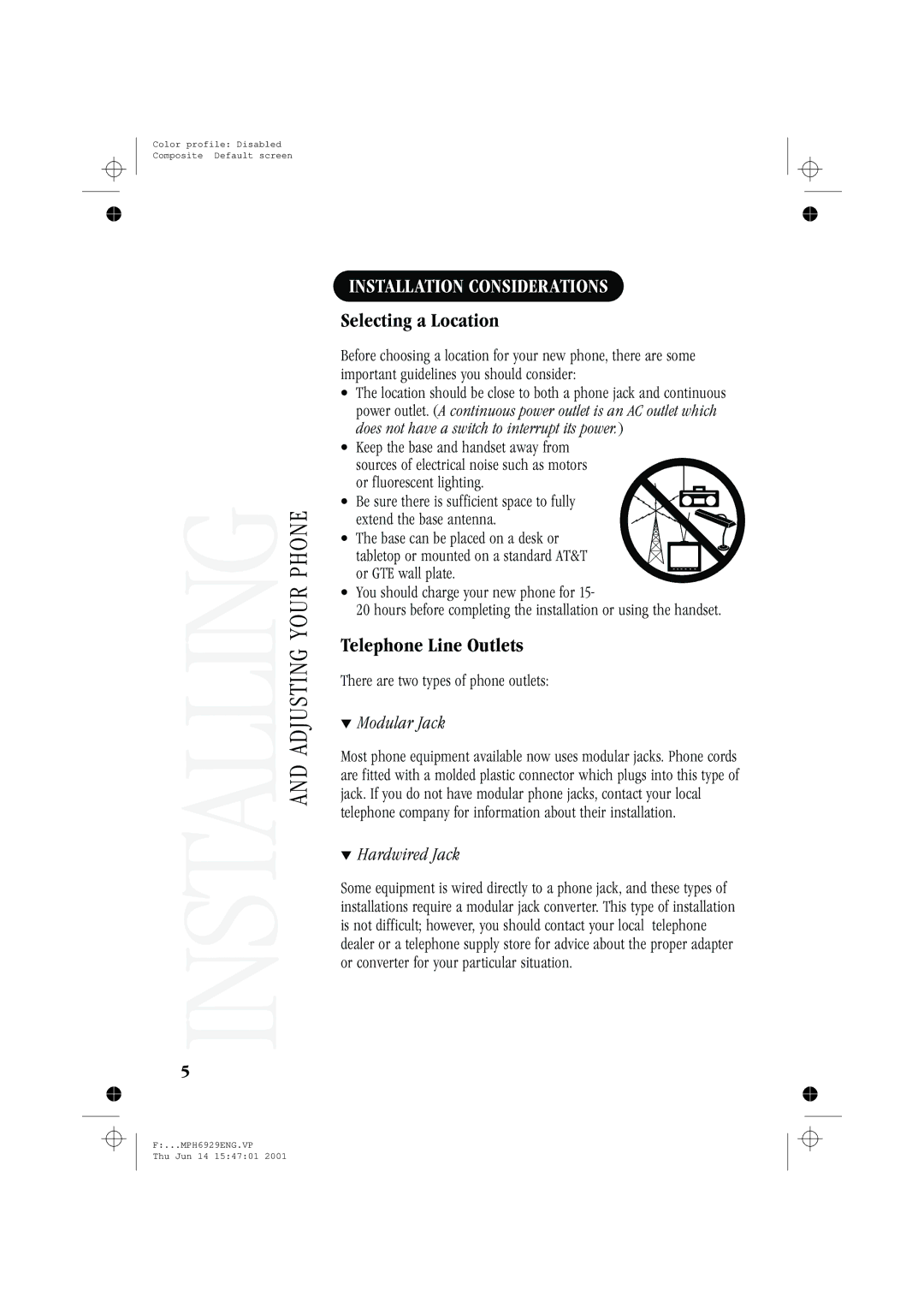 Memorex MPH6929 manual Installation Considerations, Modular Jack, Hardwired Jack 