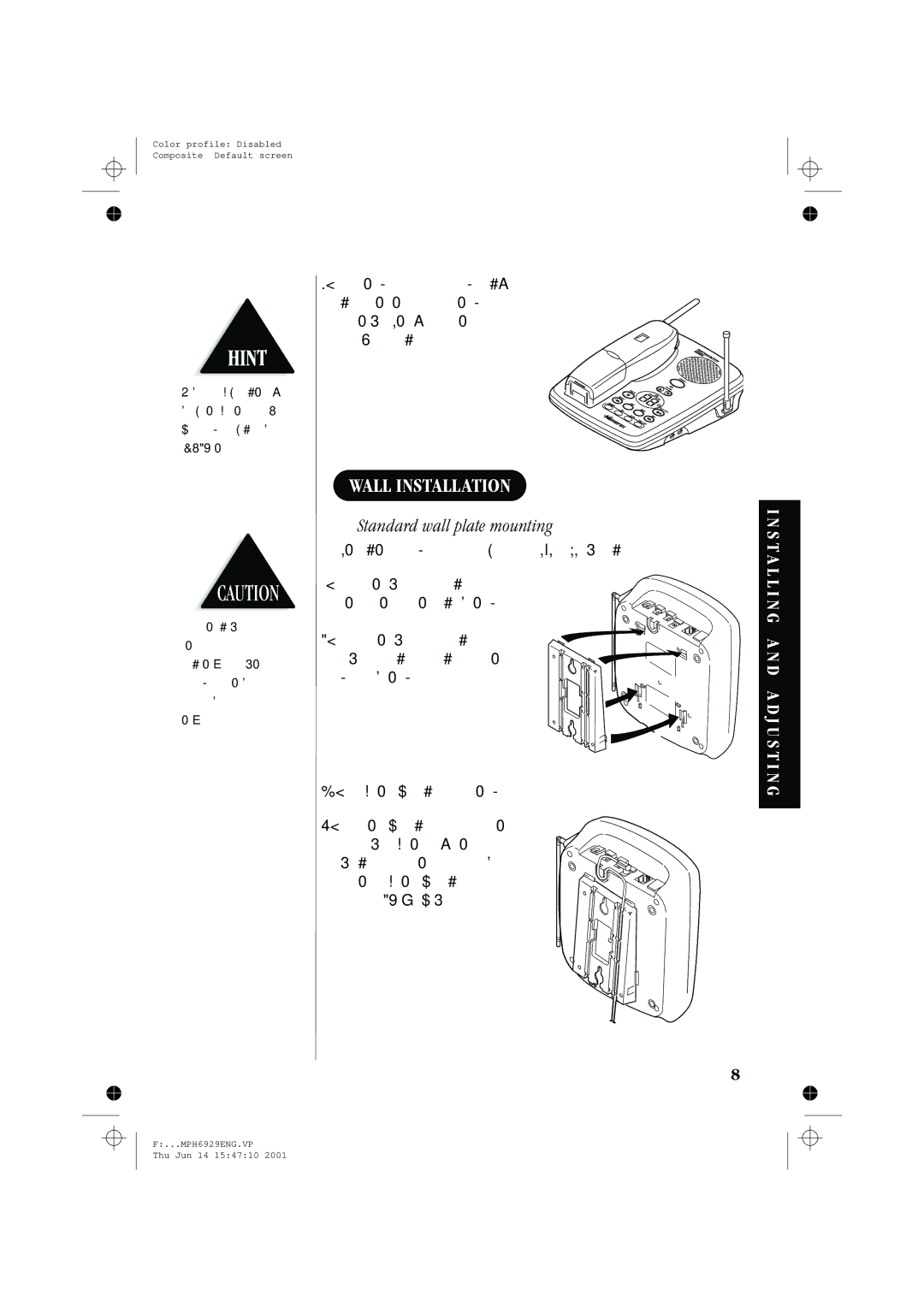 Memorex MPH6929 manual Wall Installation, Standard wall plate mounting, Install I N G a N D a D J U S T I N G 