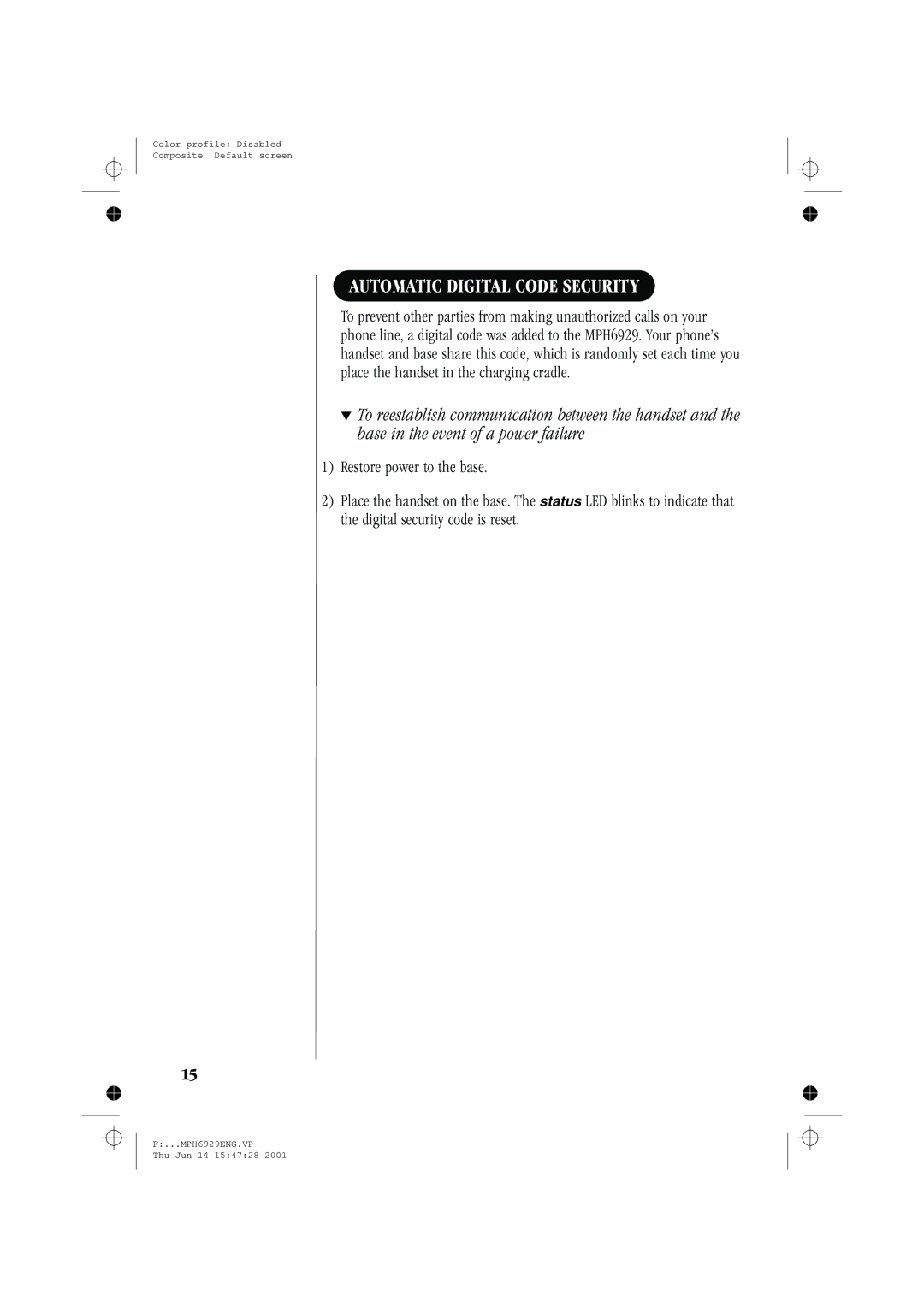 Memorex MPH6929 manual Automatic Digital Code Security 