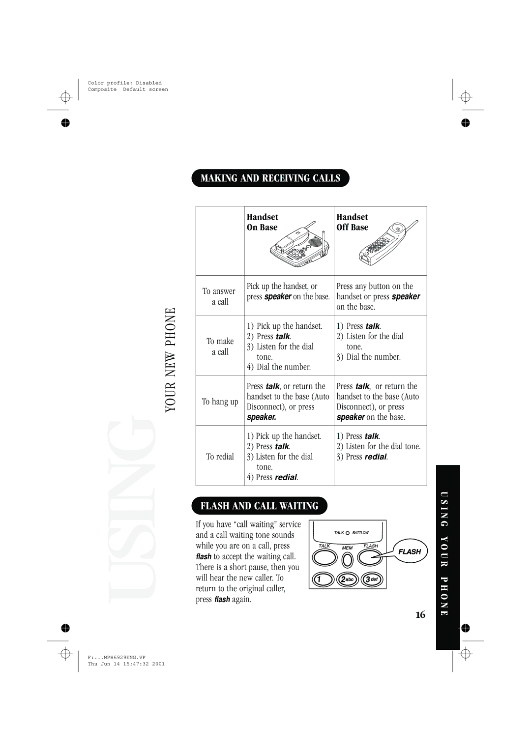 Memorex MPH6929 manual Making and Receiving Calls, Flash and Call Waiting, I N G Y O U R P H O N E 