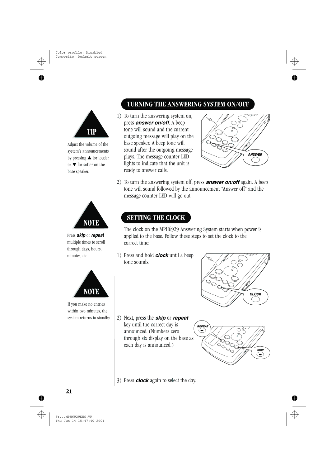 Memorex MPH6929 manual Turning the Answering System ON/OFF, Setting the Clock 