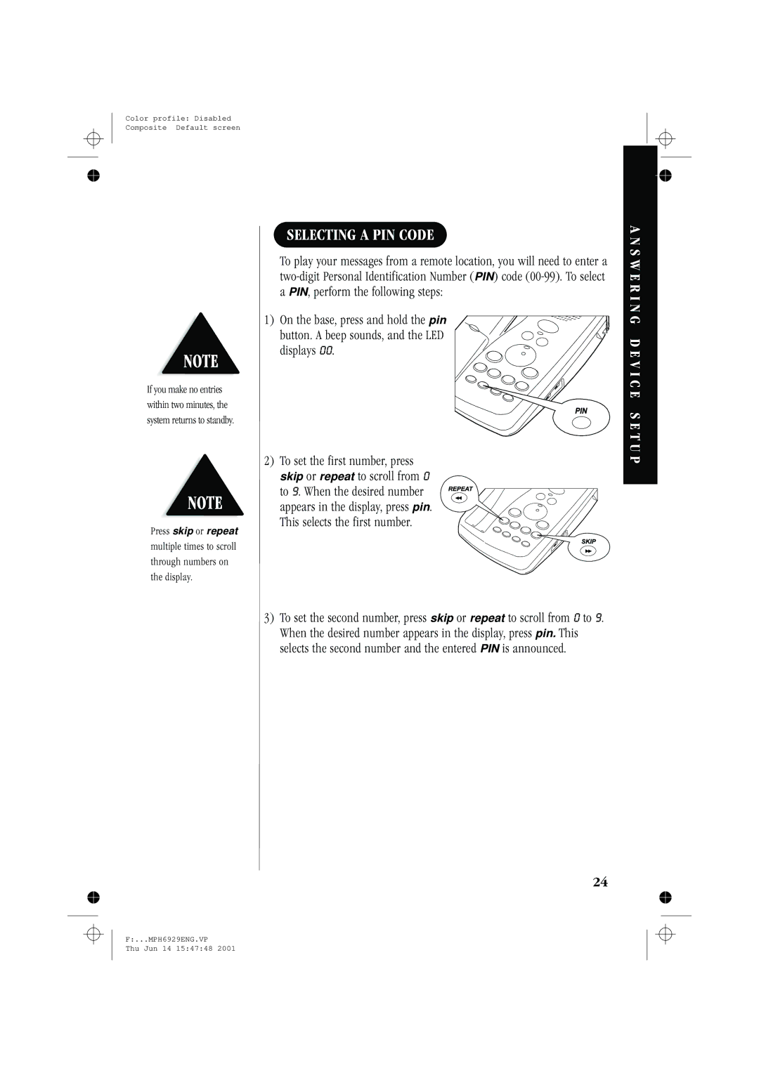 Memorex MPH6929 manual Selecting a PIN Code 