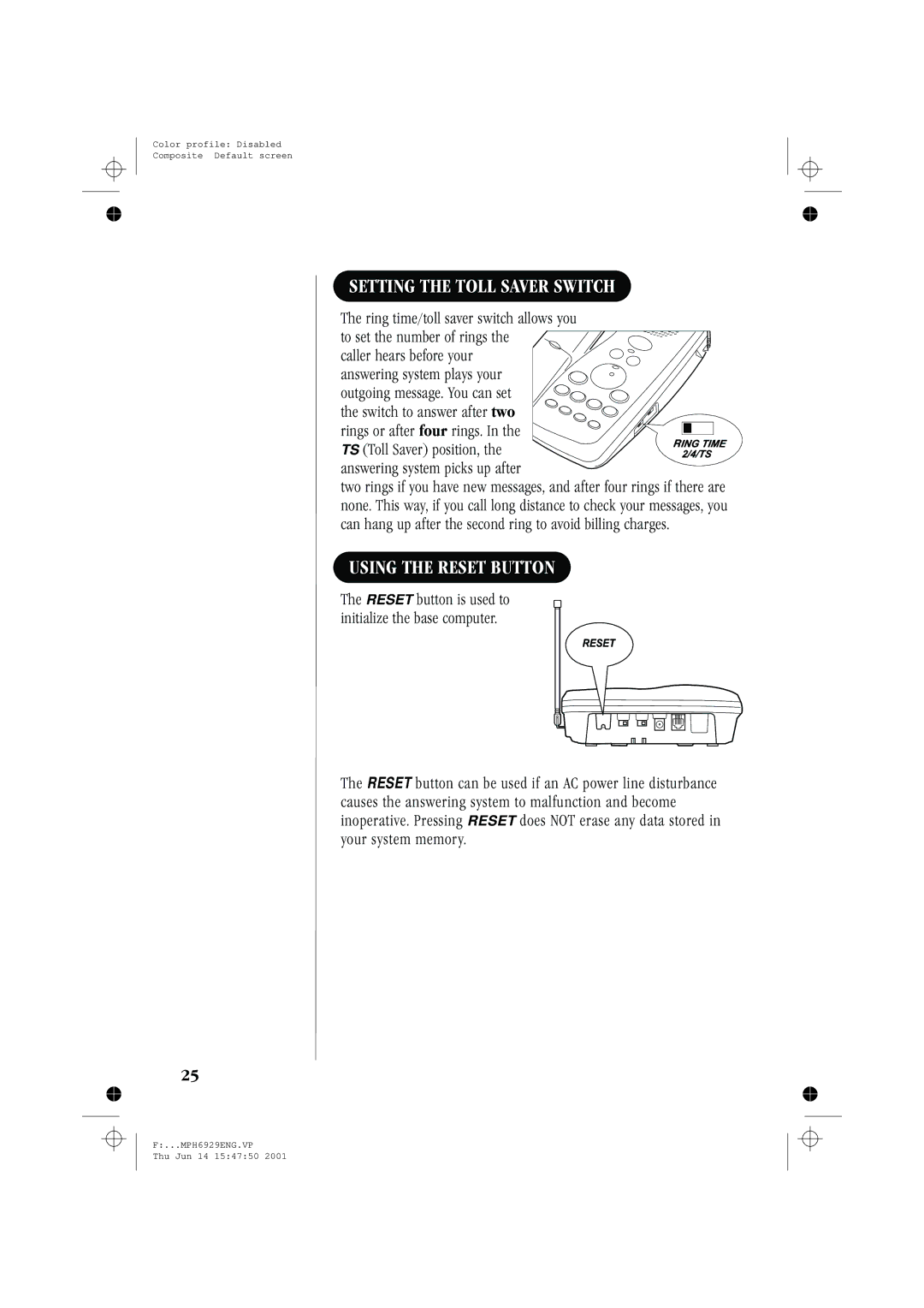 Memorex MPH6929 manual Setting the Toll Saver Switch, Using the Reset Button 