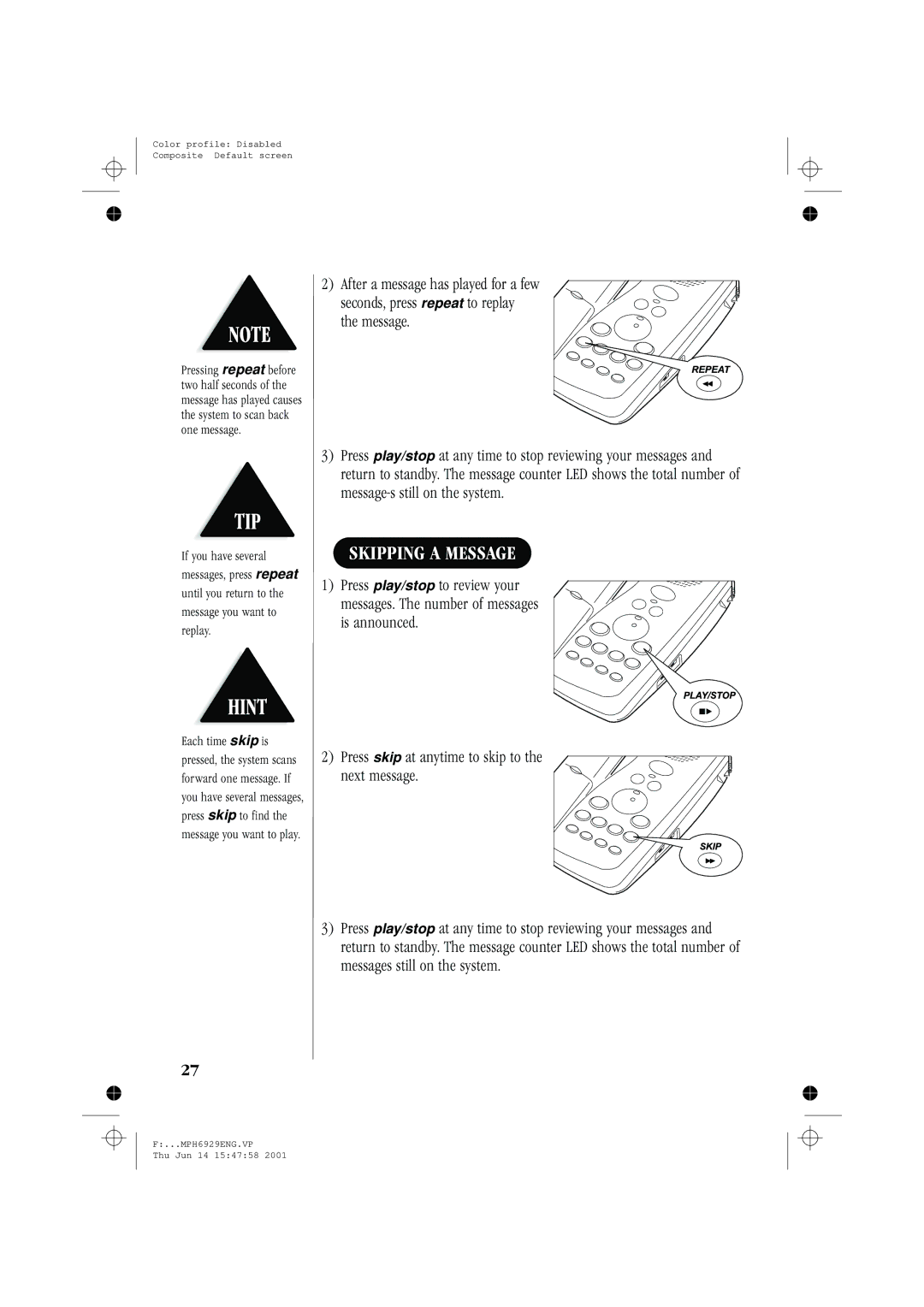 Memorex MPH6929 manual Skipping a Message 