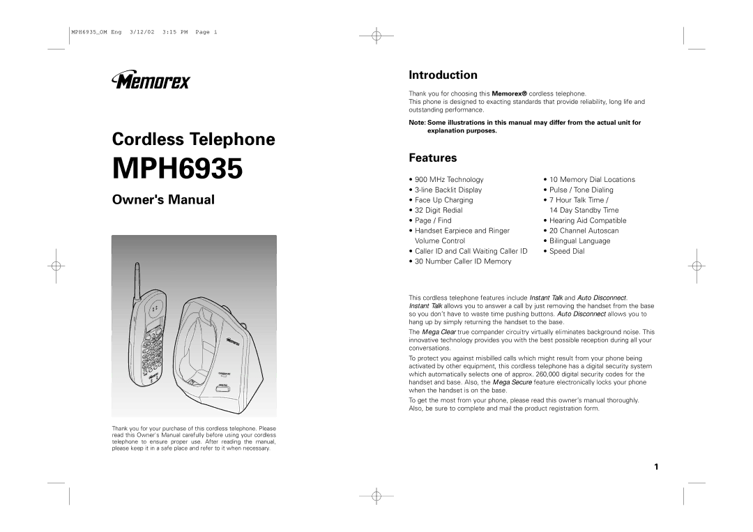 Memorex MPH6935 owner manual Introduction, Features 