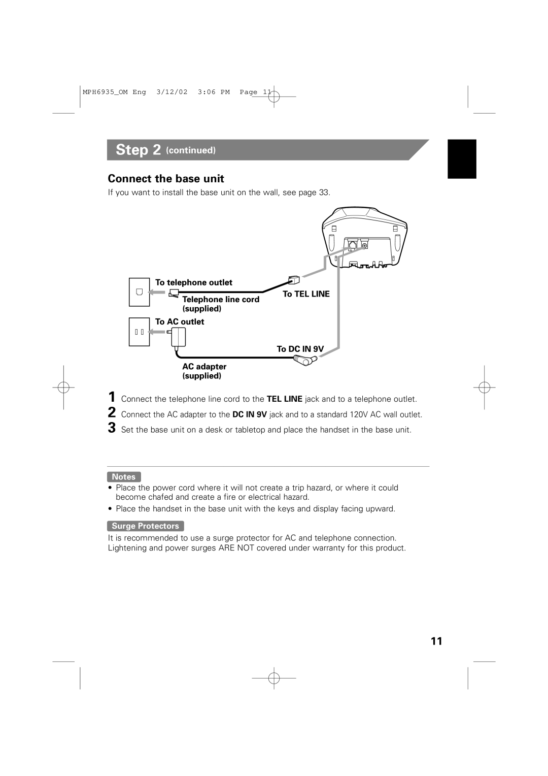 Memorex MPH6935 owner manual Connect the base unit, Surge Protectors 