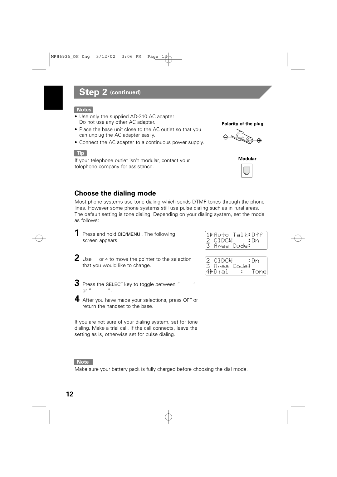 Memorex MPH6935 owner manual Choose the dialing mode, Tip 