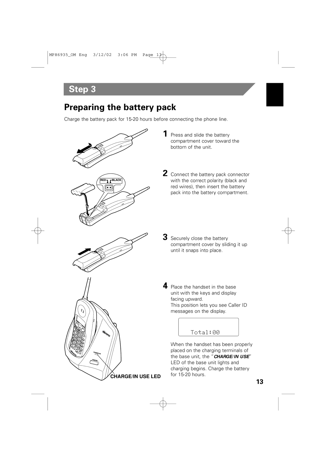 Memorex MPH6935 owner manual Step, Preparing the battery pack 