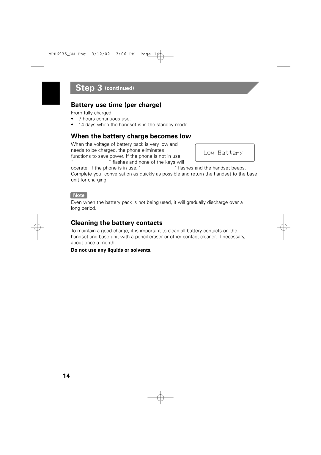 Memorex MPH6935 Battery use time per charge, When the battery charge becomes low, Cleaning the battery contacts 