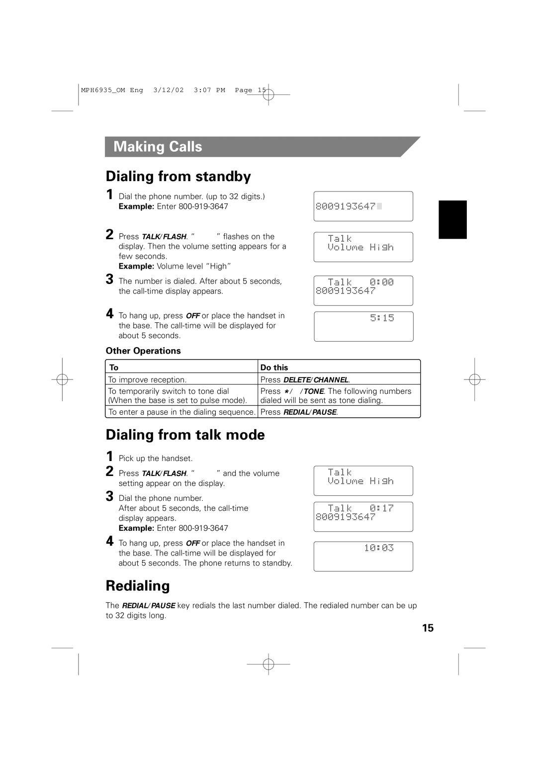 Memorex MPH6935 owner manual Making Calls, Dialing from standby, Dialing from talk mode, Redialing, Other Operations 