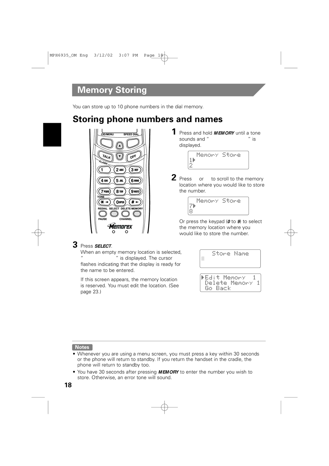 Memorex MPH6935 owner manual Memory Storing, Storing phone numbers and names 