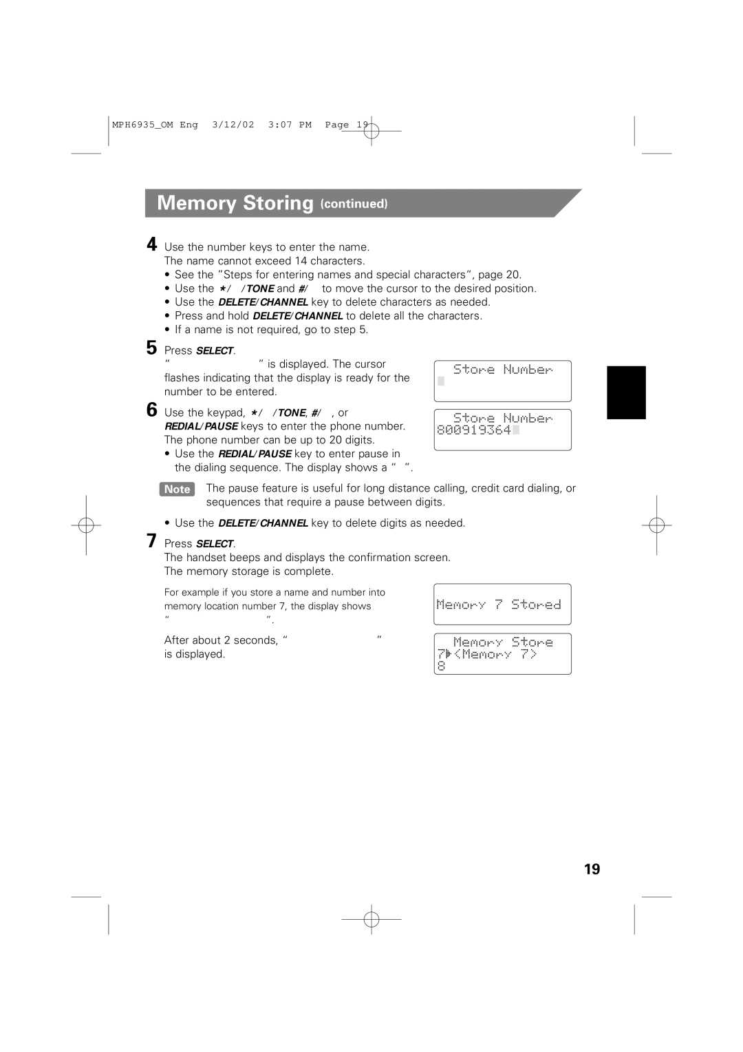 Memorex MPH6935 owner manual After about 2 seconds, Memory Store is displayed 